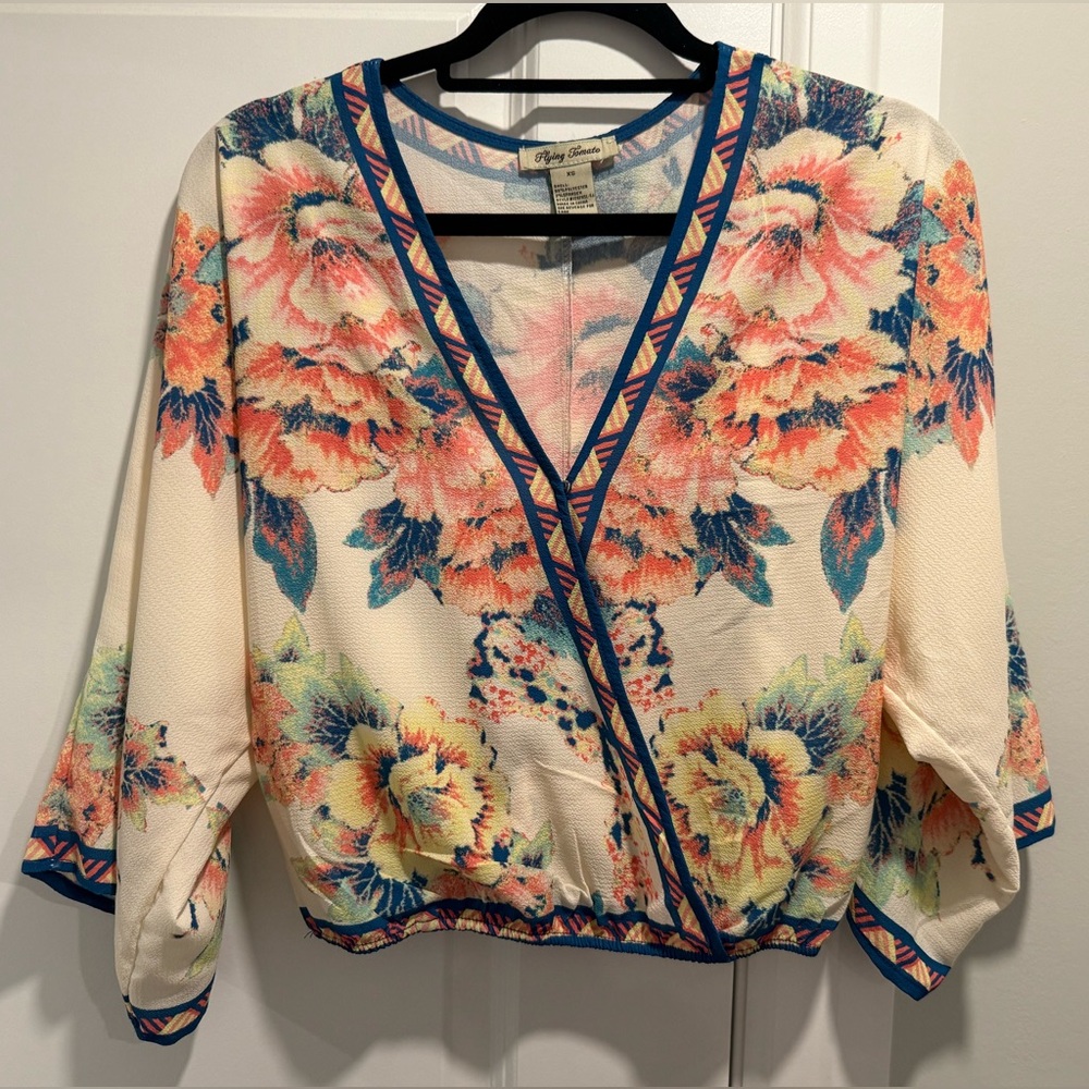 Flying Tomato Floral Blouse with Patterned Blue Trim